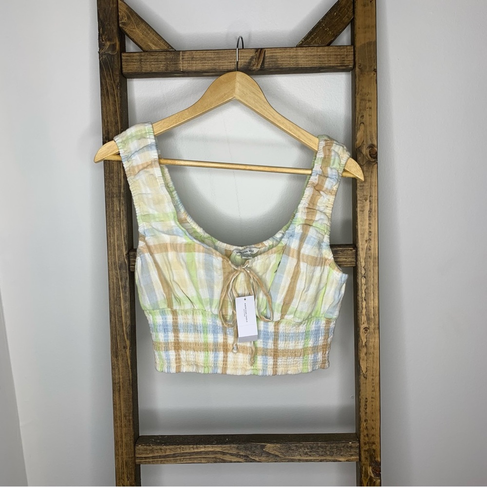 American Eagle Plaid Smocked Bubble Crop Tank - Picture 2 of 6